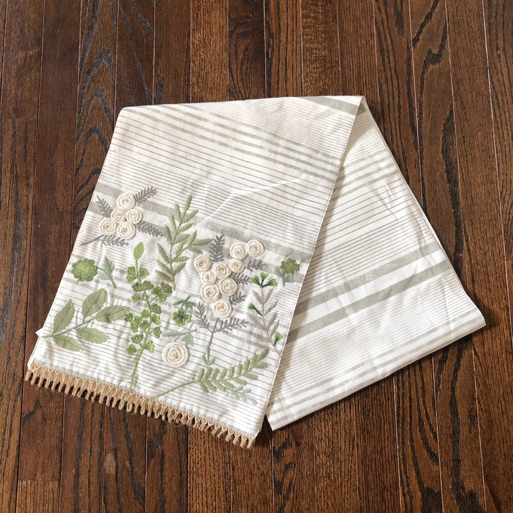Pier 1 Imports 13”x72” Table Runner w/Dusty Green/Gray/Beige Floral Embroidery